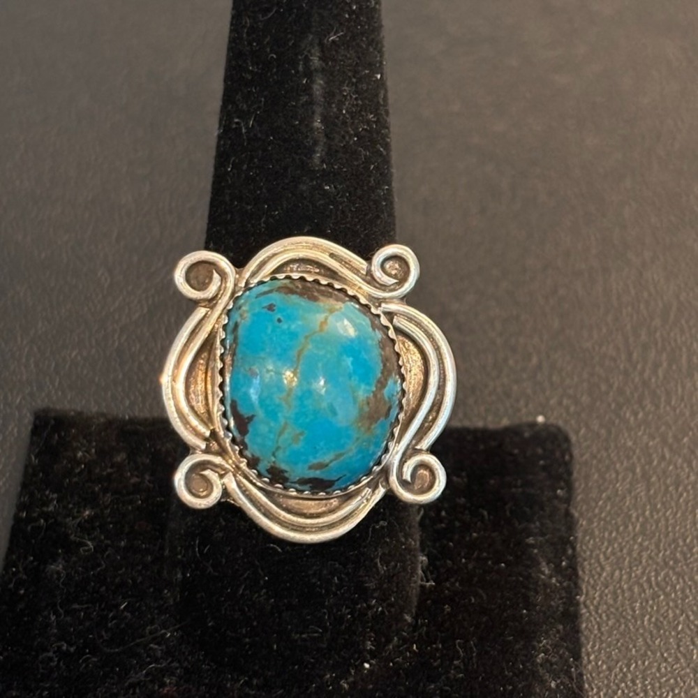 Native American Sterling Sillver Artist Signed Turqoise Statment Ring sz 9.5
